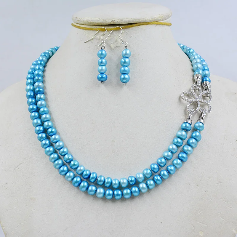 

Fashion exquisite 2 row 7MM AAA natural cultured freshwater pearl necklace earrings suit. Bridal Wedding Jewelry