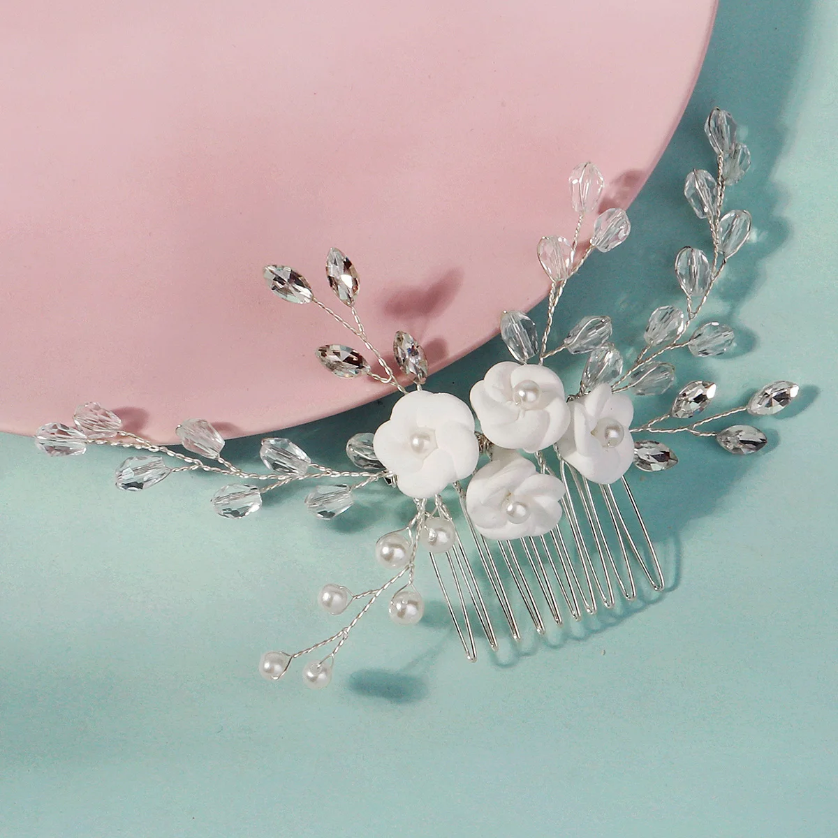 Elegante weiße Polymer Clay Blumen Damen Haarkämme Mode Kristall Perle Haarnadeln Braut Hochzeit Kopfschmuck Schmuck – Detail 4