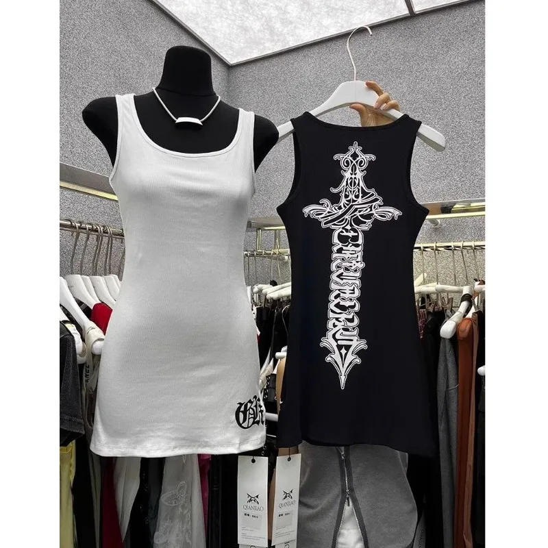 Camisetas sin mangas blancas con estampado de cruz americana para mujer, camisola Grunge sin mangas Y2k de longitud media, cintura delgada, Vintage, High Street