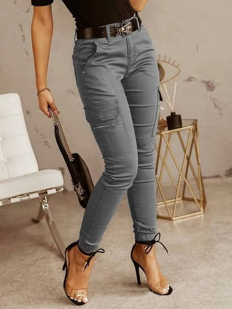 Moda mulher calças de trabalho primavera outono casual multi-bolso apertado pé calças de cintura baixa botão cor sólida leggings femininas