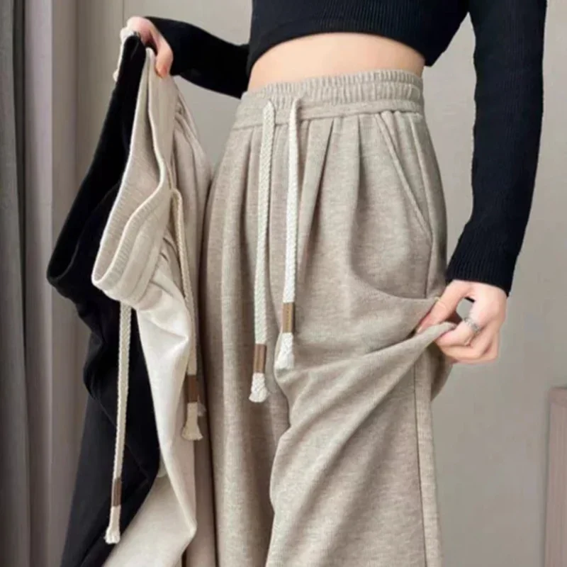 Glutinous Rice Pants for Women 2024 Spring Autumn New Extended High Waist Knitted Casual Narrow Edition Straight Wide Leg Pants