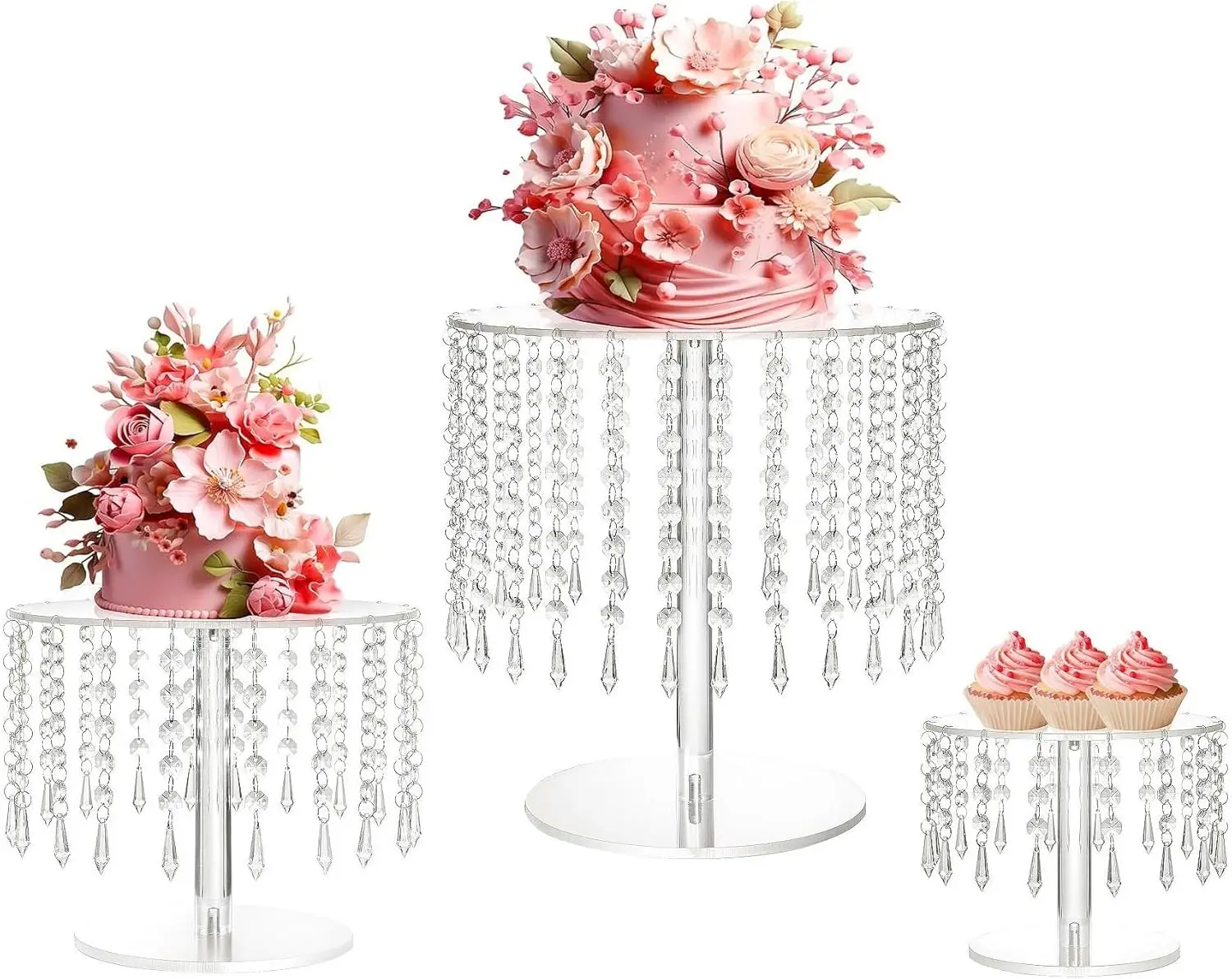 

3-Piece Clear Acrylic Cake Stand Set with Crystal Pendants for Wedding Birthday Party Decor