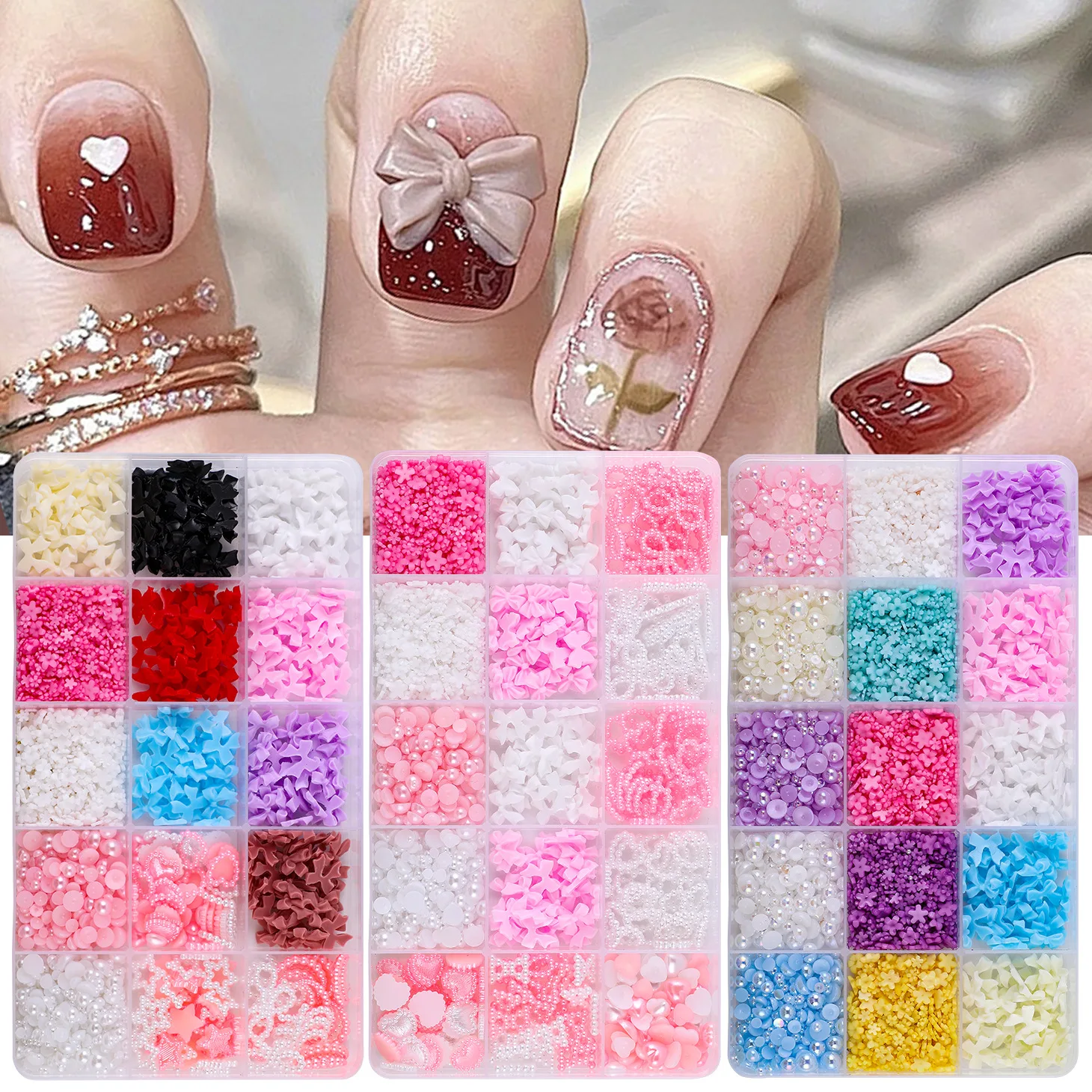 12Grids/box Mixed Resin Bowknot Nail Art Decorations 3D Acrylic Charms Kawaii Colorful Bow Rhinestone DIY Manicure Tools Parts