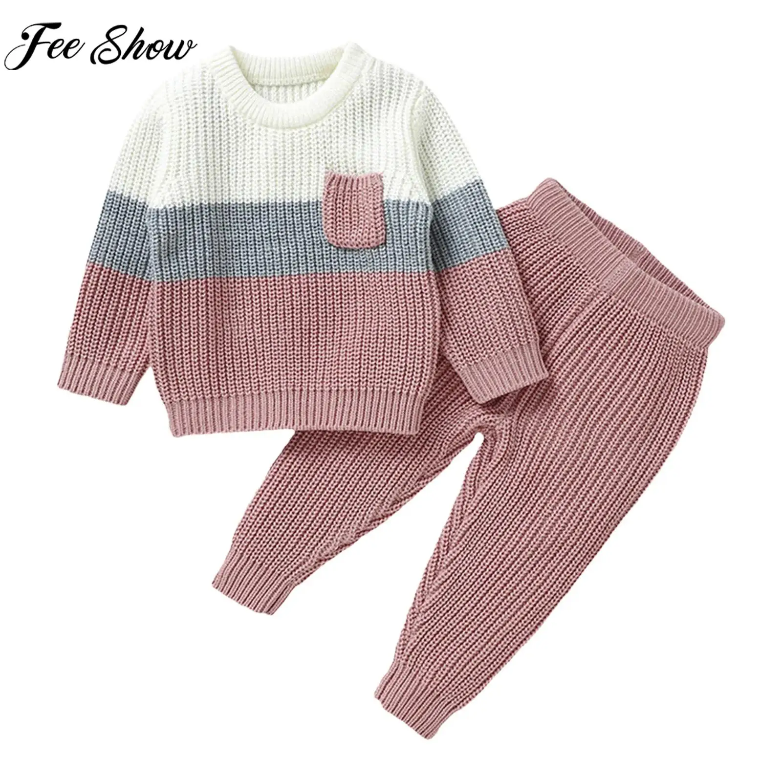 

Повседневная теплая вязаная одежда для малышей от 0 до 3 лет, свитер с длинными рукавами и штаны, одежда для дома, уличная одежда на осень-зиму