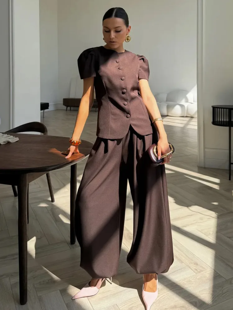 

DFDG Women 2026 Spring Summer Two Piece Puff Sleeve Blouse with Elastic Cuff Balloon Pants Single Breasted Casual Matching Set