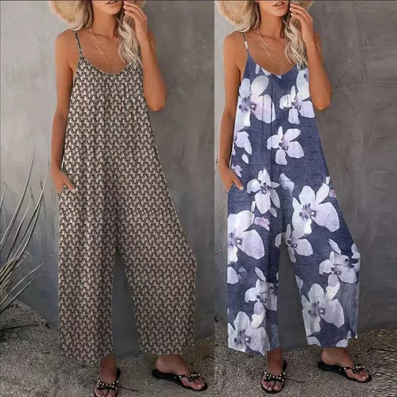 

European and American Summer New Women's Printed Casual Sleeveless Loose Wide-leg Suspender Jumpsuit