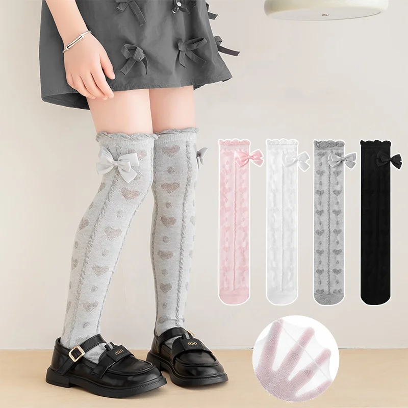 Children Knee High Long Socks Love Bow Princess Calf Socks for Girls Spring Summer Thin Mesh Breathable Kids Stockings 3-8Years