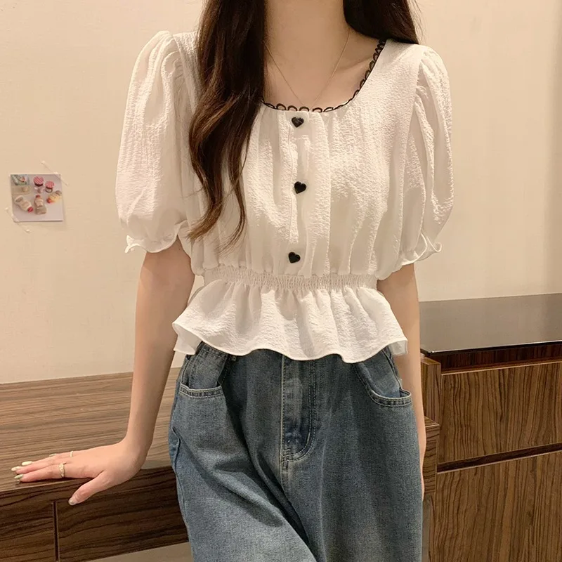 Summer T-shirts Women Square Collar Puff Sleeve Button French Style Defined Waist Sweet Temperament Casual Cropped Tops Students