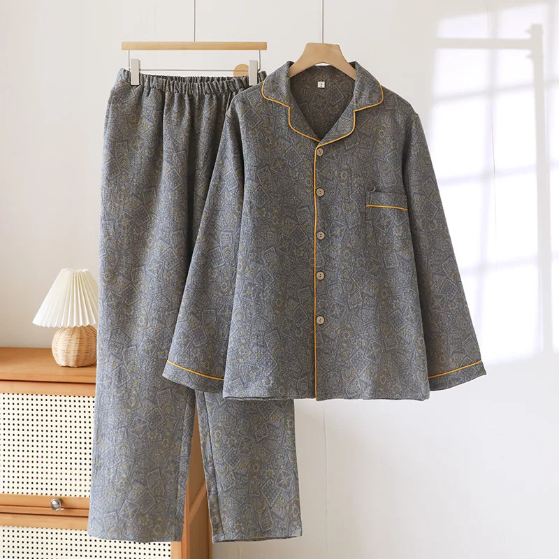 Men's Jacquard Cotton Pajamas Set Lounge Sleepwear Pyjamas Long Sleeve Spring Autumn Loungewear Male Homewear Home Clothes