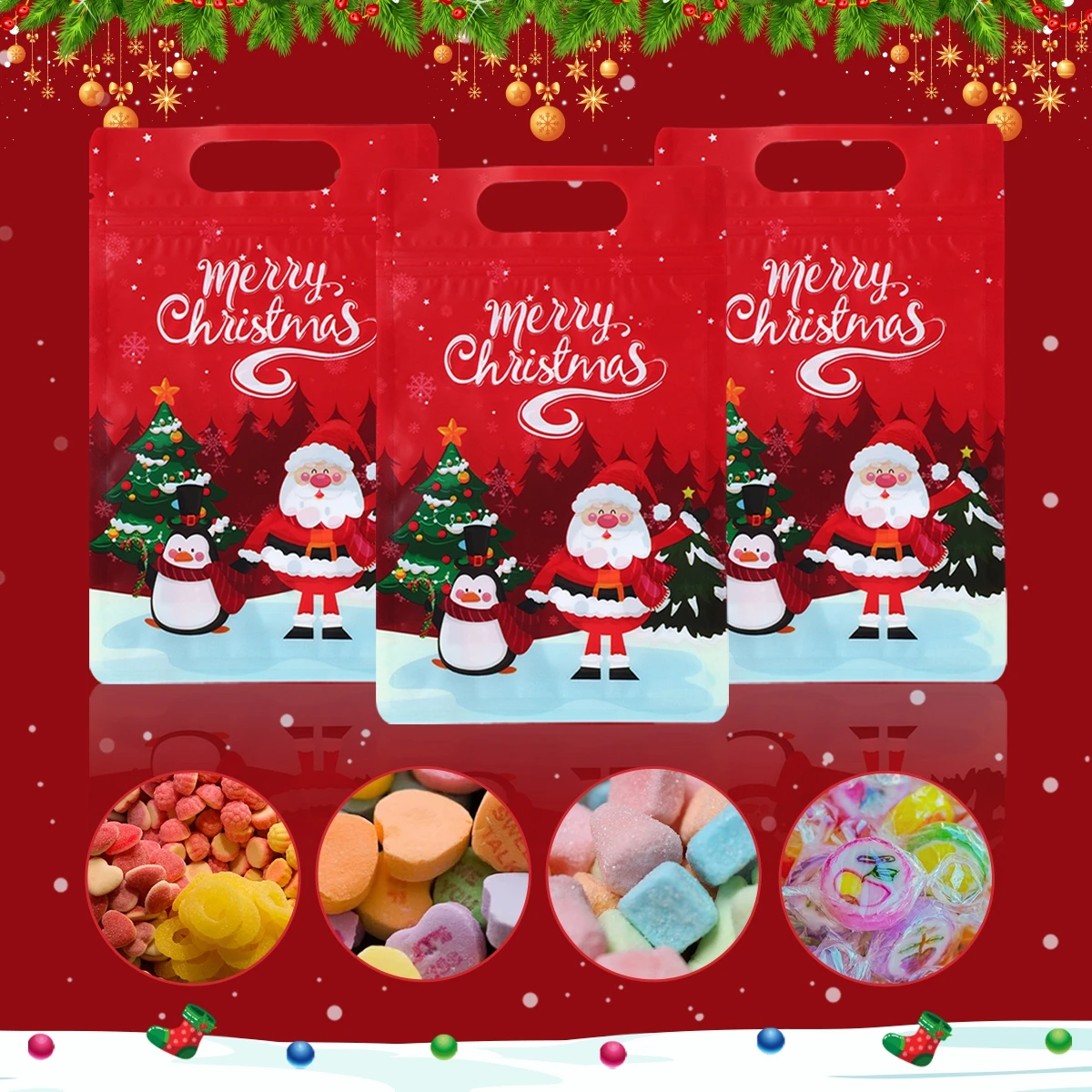 Christmas Santa Zipper Stand Up Bags Christmas Decor For Home 2024 Navidad Natal Noel Xmas Candy Cookie Bags New Year Gift 2025