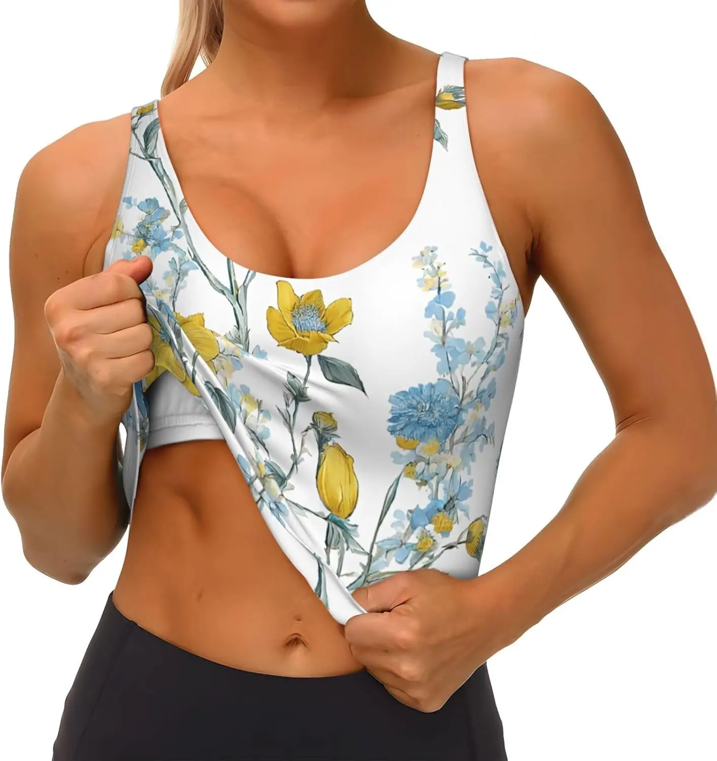 ブルーフラワー花柄バラプリントプリントレディーススポーツベストダンスヨガベストプリントスポーツブラトップベスト