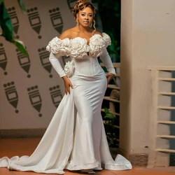 Handmade Flower Mermaid Wedding Dresses Off the Shoulder Long Sleeve Satin Bridal Gown Corset Side Train Second Reception Dress