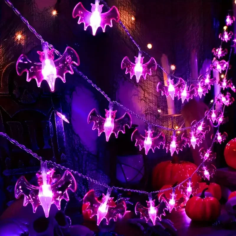 1pc 10/20 LED Halloween Purple Bat String Light Battery Powered For Home Indoor Outdoor Bedroom Yard Patio Halloween Decoration