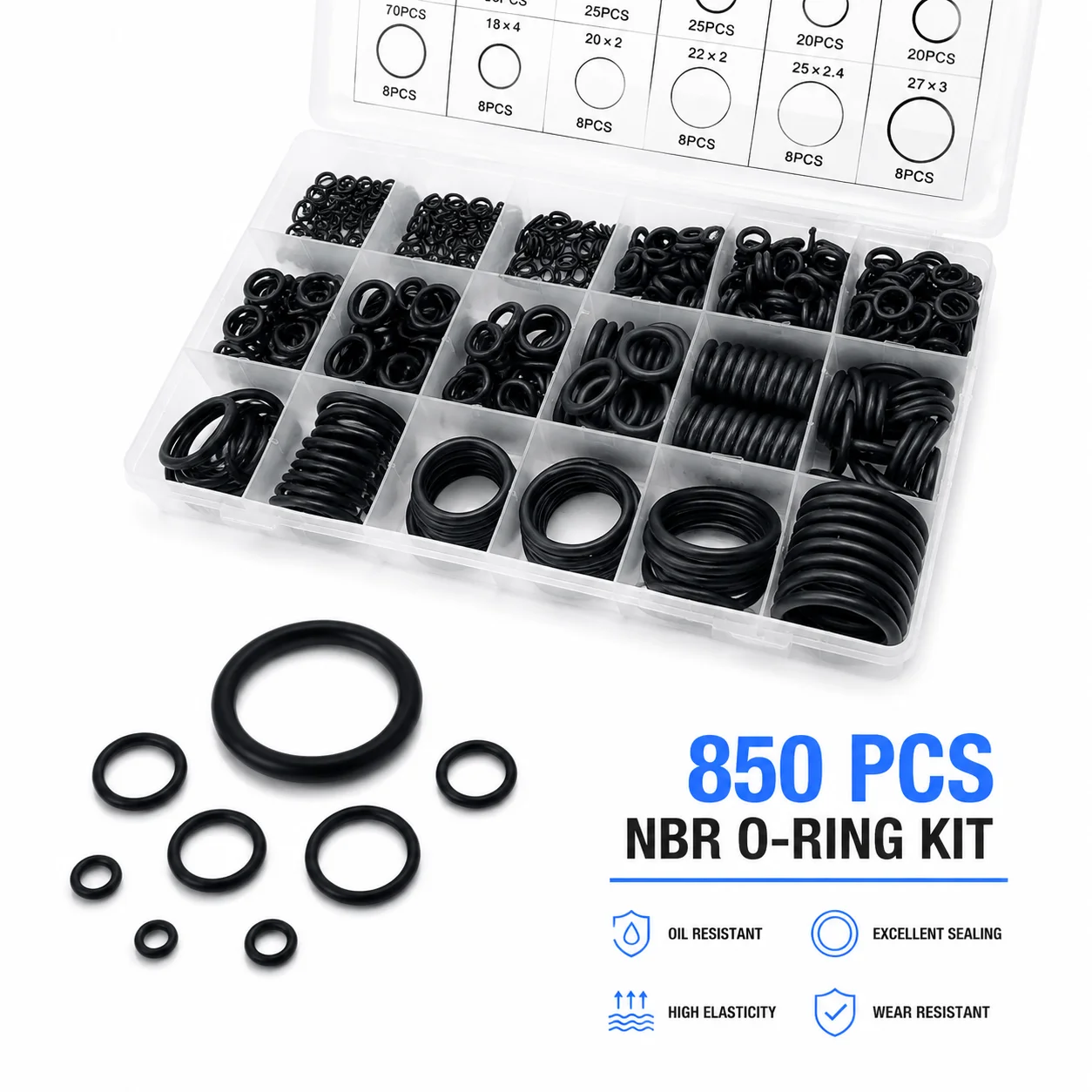 850 Pieces of NBR O-ring Combination Black Nitrile Rubber CS1-4mm Outer Diameter 3-27mm, Dedicated for Fuel Pipeline Maintenance