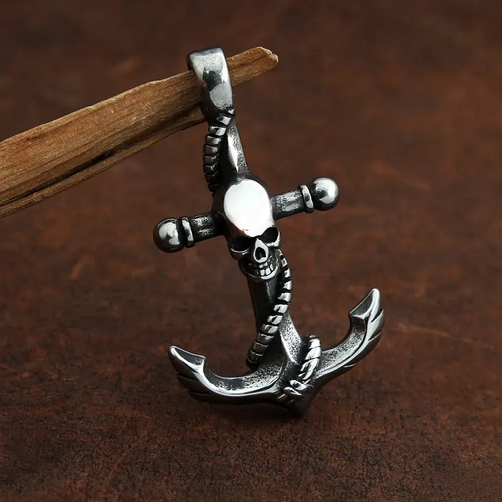 Vintage Distressed Skull Pirate Anchor Pendant Necklace Punk Street Trend Accessory Stainless Steel Mens Biker Fashion Jewelry