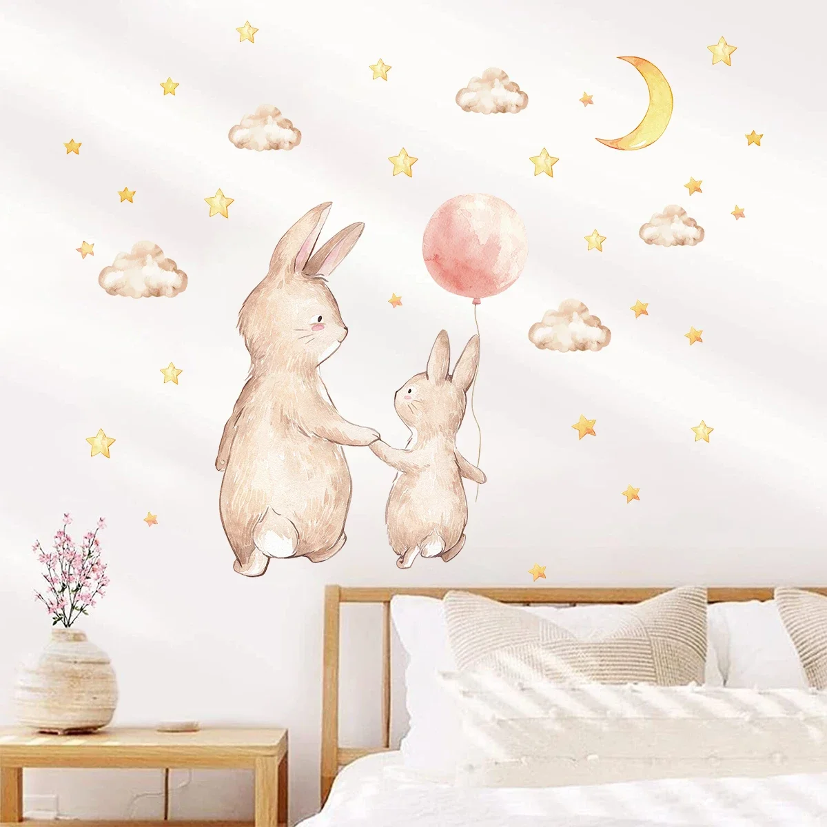 Cartoon Parent-child Animals Rabbit Wall Stickers Kids Room Star Baby Room Home Decoration Bedroom Living Room Decor Wall Decals