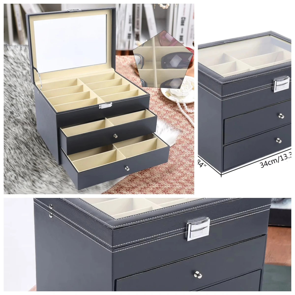 3-Tier Glasses Display Storage Case with Drawer, Holds 24pcs Eyeglasses & Sunglasses