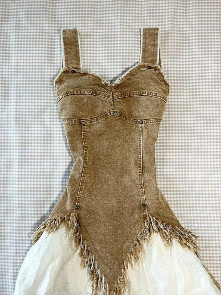 American Vintage Slim Sexy 2 Piece Skirt Sets Y2k 2000s Asymmetrical Denim Vest + Sweet Elegant Mini Skirts Subculture Suits