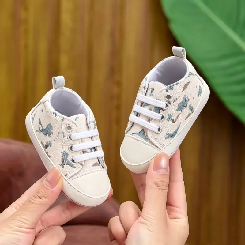 Baby Learning Walk Shoes, Cartoon Dinosaur Canvas Baby Crib Shoes, Soft Light Cute Newborn Boys Walking Footwear 0-1 Year