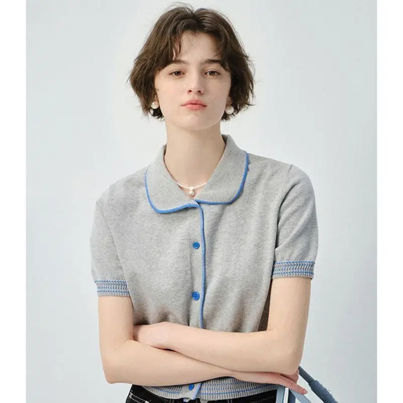 French Contrasting Color Casual Slimming Polo Collar Knitted Sweater For Women'S 2026 Summer New Short Style Temperament Top