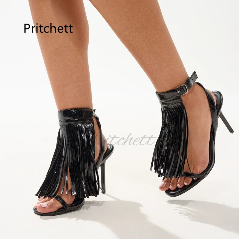 Black Leather Tassel Sandals for Women Open Toe High Heels Ankle Strap Fashion Stiletto Summer Shoes Sexy Fringe Party Shoes