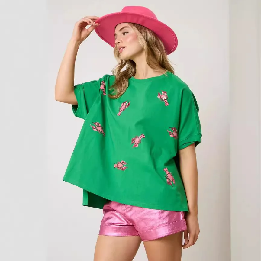 

Весна-лето 2024, женская свободная повседневная футболка ort Sve, блестящий трансграничный топ, удобный дышащий хлопок, полиэстер