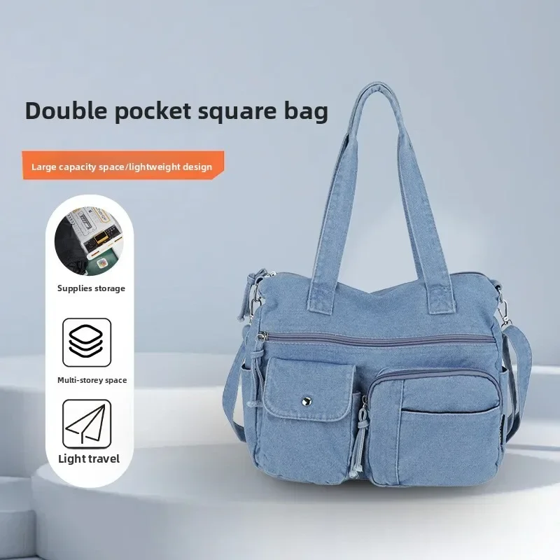 Denim Tote Bag Women Large Capacity Multi Functional Commuter Shoulder Crossbody Bag Versatile Square Bag New