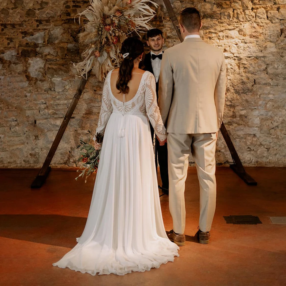 Customized Long Fitted Sleeves Boho Wedding Dress Customize A Line Open Back Flowy Chiffon Skirt V Neck Bohemian Bridal Gowns