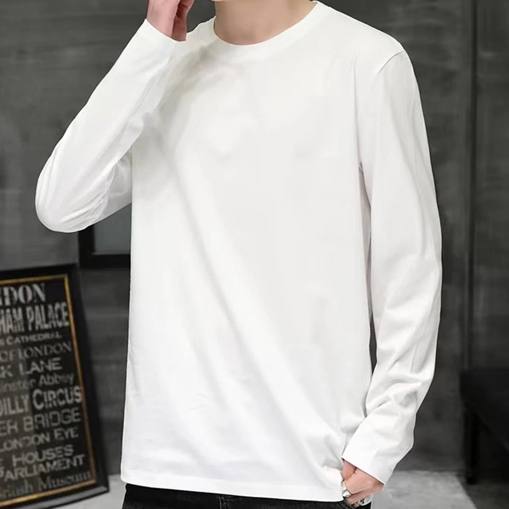 Casual Men\'s Cotton Long Sleeve T-Shirts Round-Collar Solid Color Basic Tees Tops Pullovers T Shirt Man Clothing