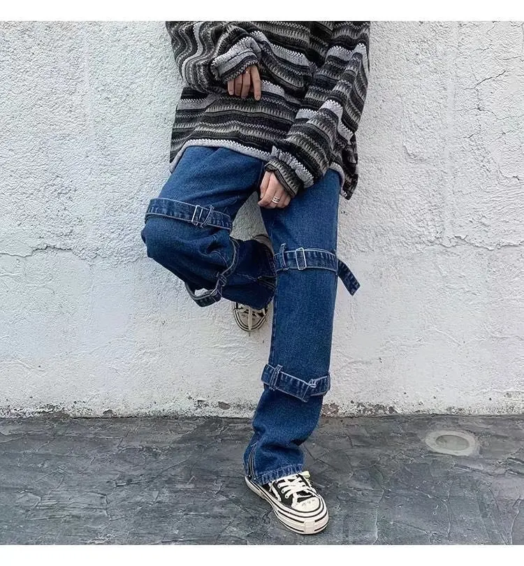 Jeans Hip Hop uomo moda tasca blu/nero Jeans larghi uomo Streetwear pantaloni larghi in Denim Cargo Hip Hop dritti pantaloni da uomo