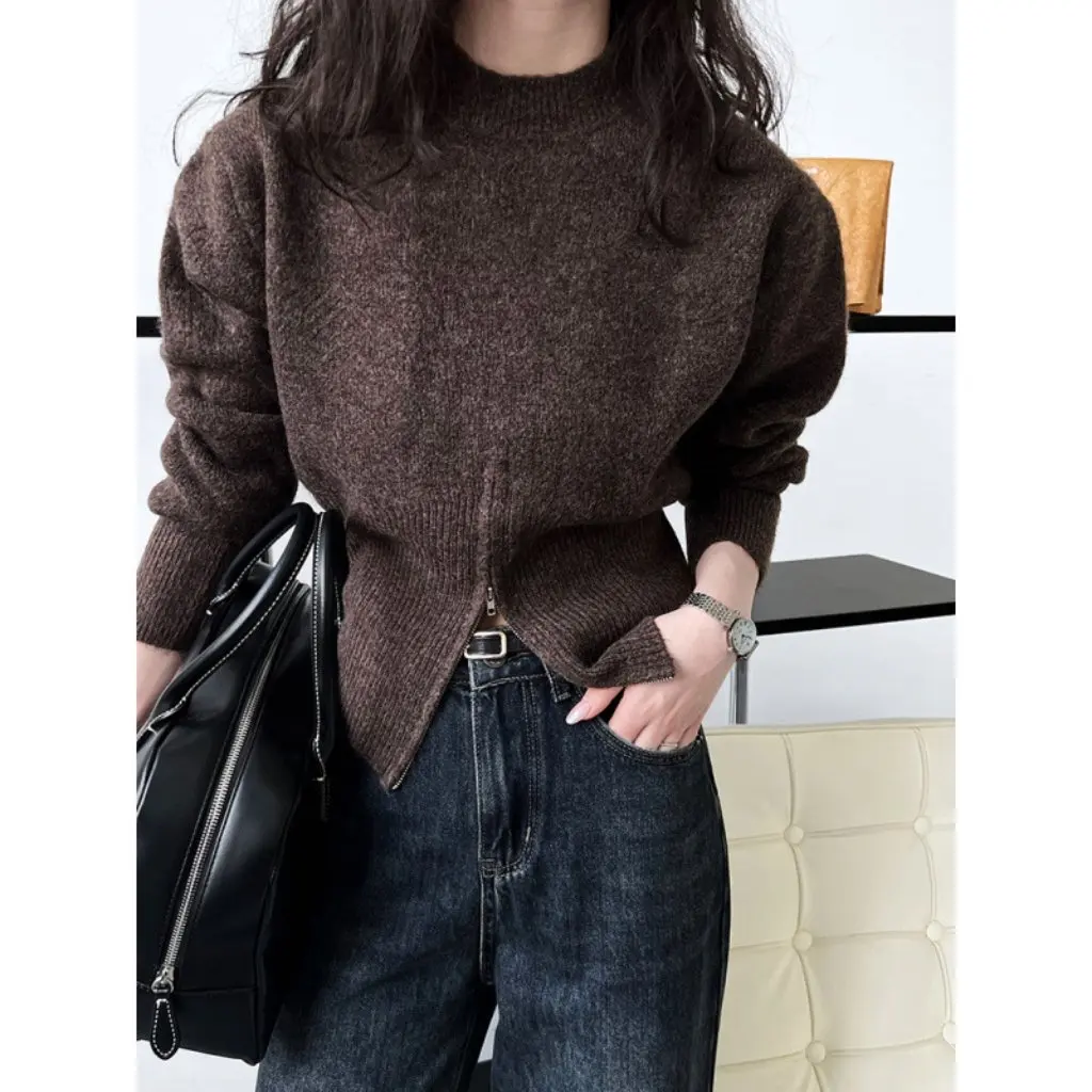 

Korean Style Short Zipper Sweater Fashionable Round Neck Overhead Design Autumn New Arrival Women's Top Trendy Feel