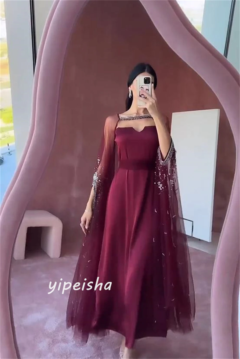 Personalizado Jiayigong Yipeisha clásico exquisito Formal noche cuello cuadrado A-line tul rebordear s vestidos para ocasiones a medida