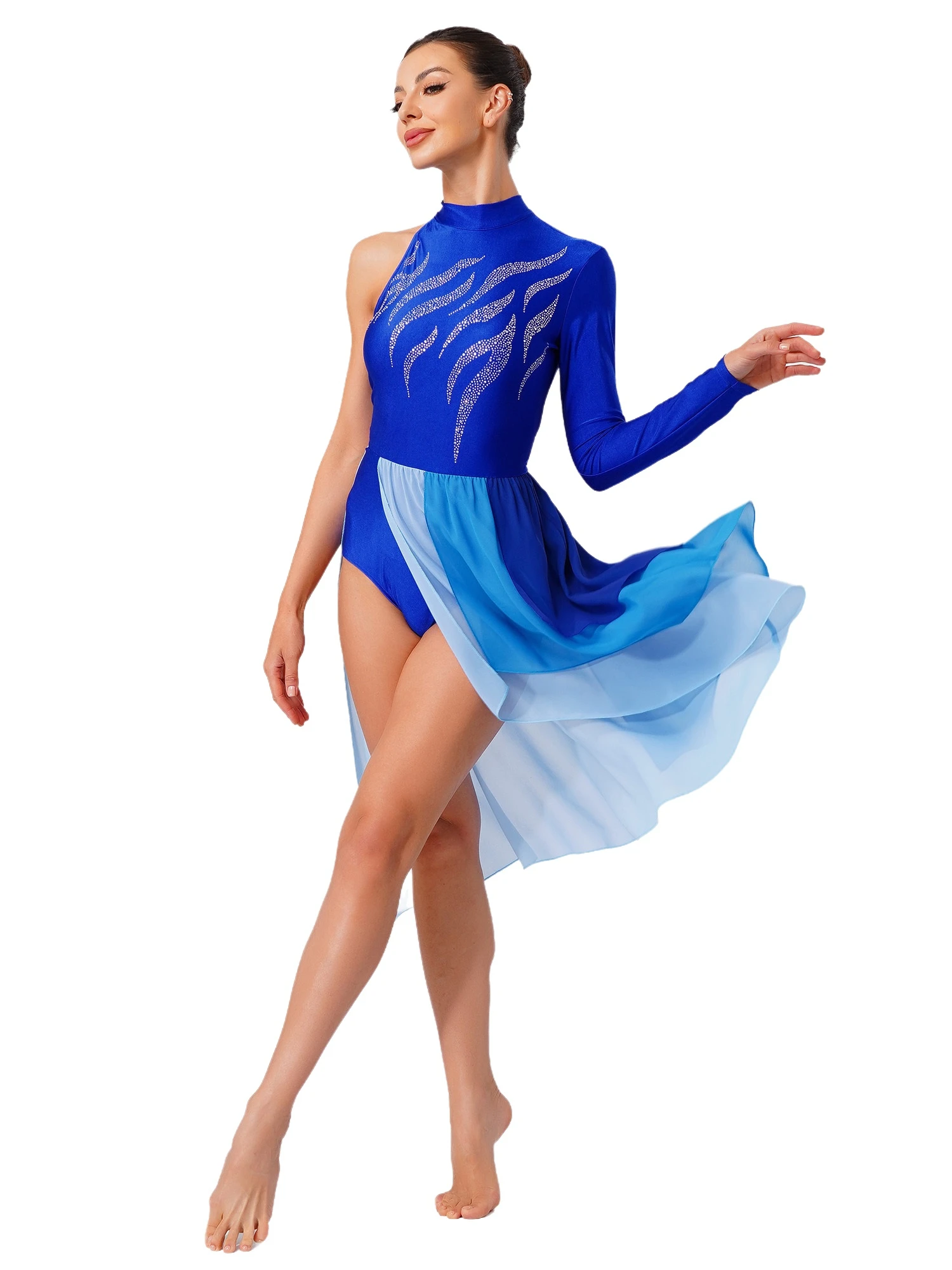 女性モダン叙情的バレエダンスドレスフィギュアスケートパフォーマンスコンテンポラリーダンスウェアワンショルダー光沢のあるラインストーンレオタード