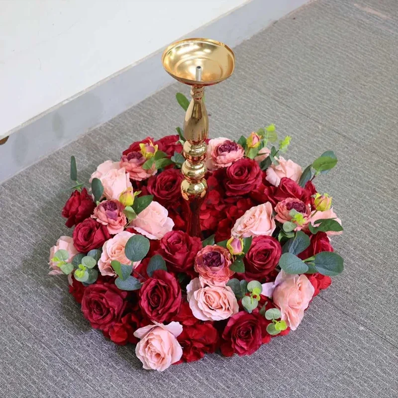 Burgunderrote Rose Künstliches Blumenarrangement Tischdekoration Kerzenhalter Kranz Rosa Rose Hortensie Party Hochzeit Dekorationszubehör – Detail 3