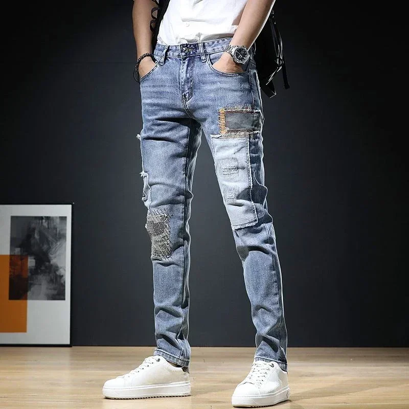 

Jeans for Men Skinny Slim Fit Male Cowboy Pants Cropped Trousers Tight Pipe Patch Spliced 2024 Fashion Y 2k Vintage Soft Summer