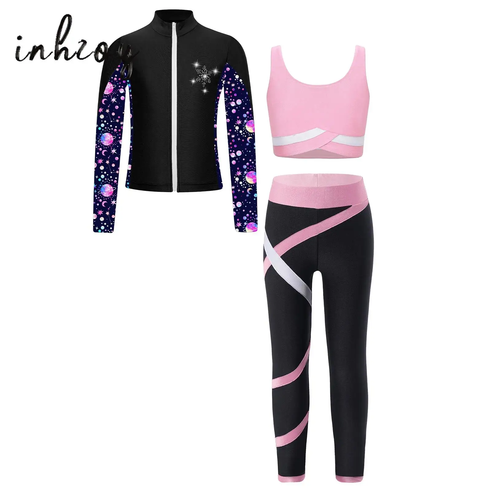 

Kid Girl Sports Dance Outfit Gymnastics Figure Skating Tracksuits Costume Printed Jacket Coat+Leggings for Competition Training