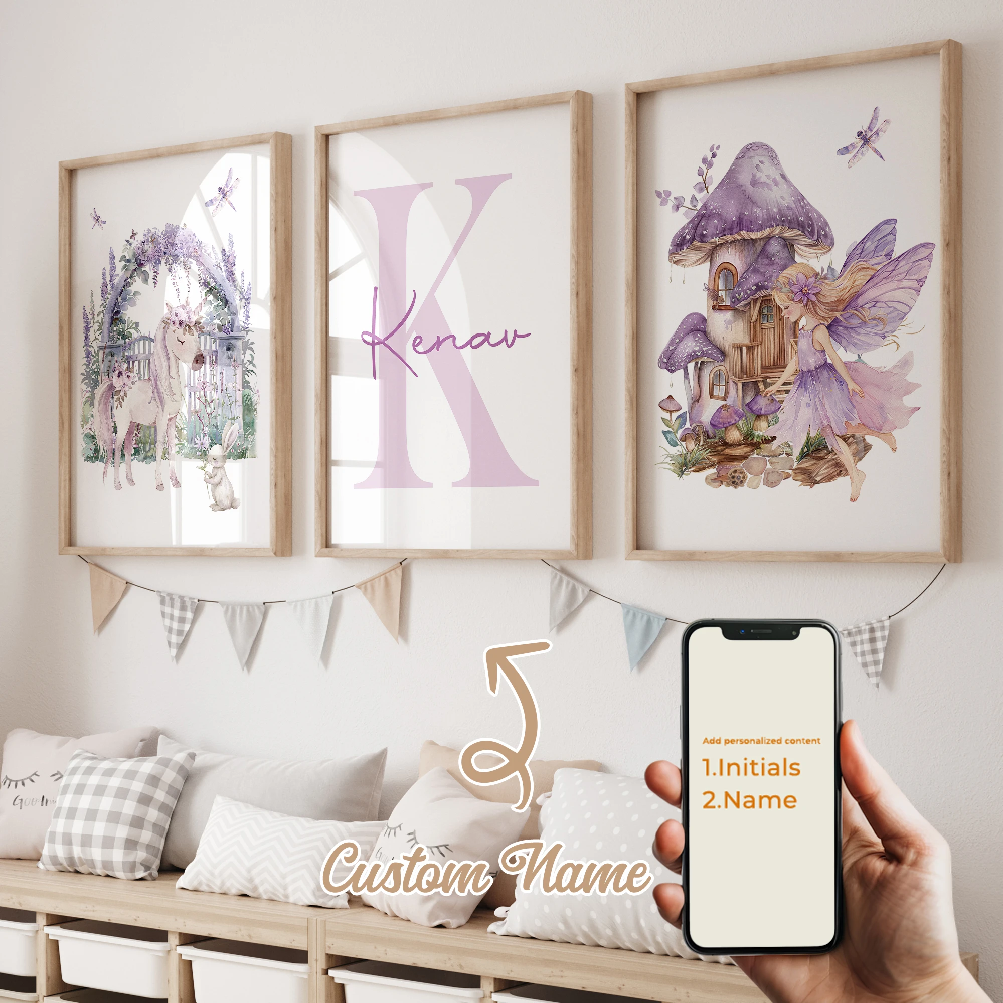 3 pçs personalizado crianças nome personalizado fada poeira roxo presente meninas arte da parede impressão imagem sala de estar quarto dos miúdos decoração casa