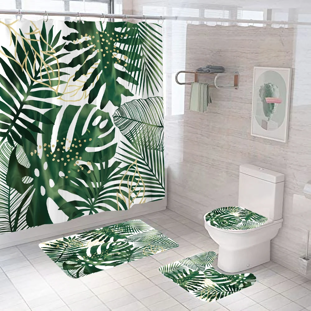 Green Leaves Printing Shower Curtain Tropical Plants Palm leaves Bathroom Curtains Anti-slip Bath Mat Set Toilet Rugs Carpet