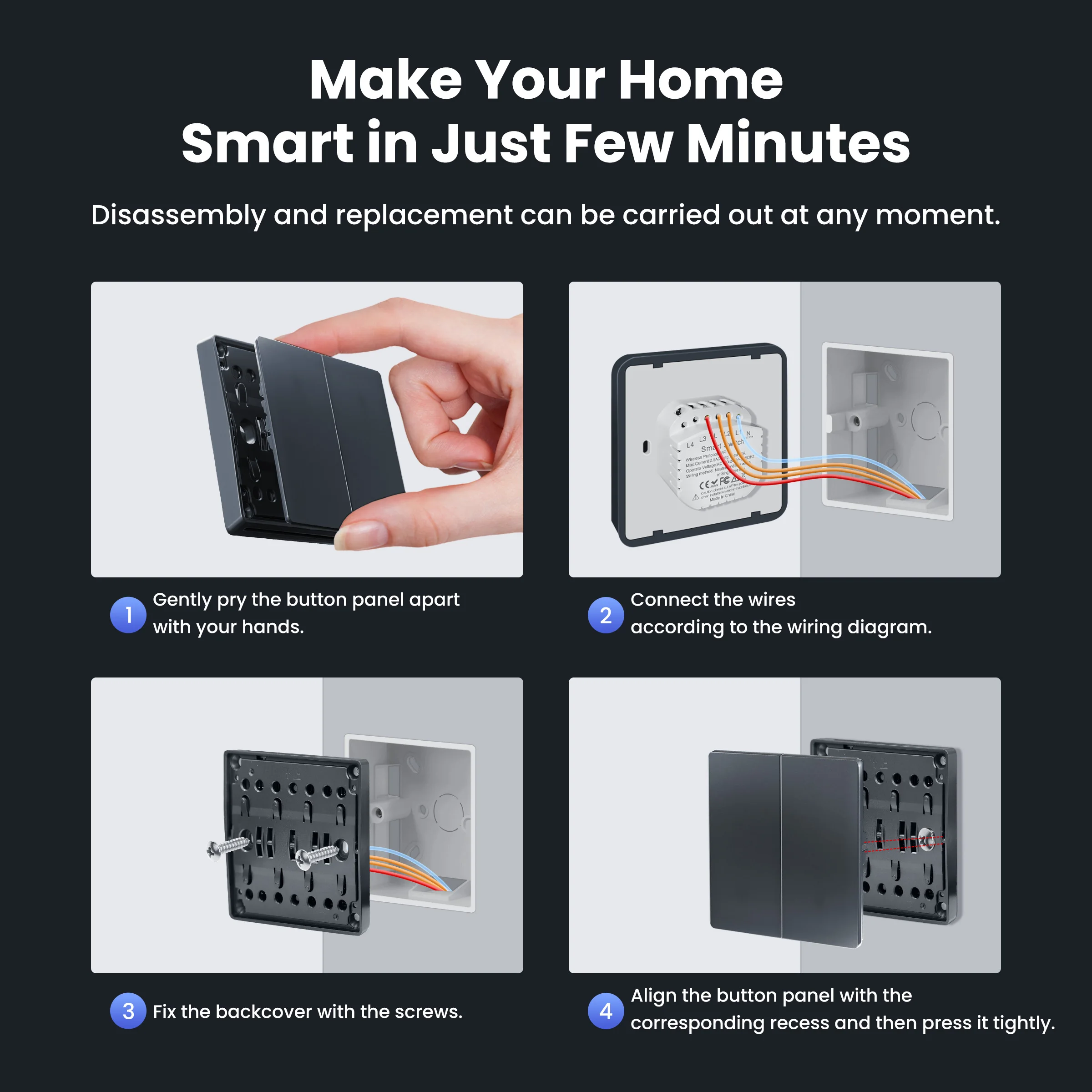 GIRIER Smart Wall Switch Wifi Light Switch Neutral Wire Required Button Switches 1/2/3/4 Gang Supports Tuya APP Alexa Hey Google