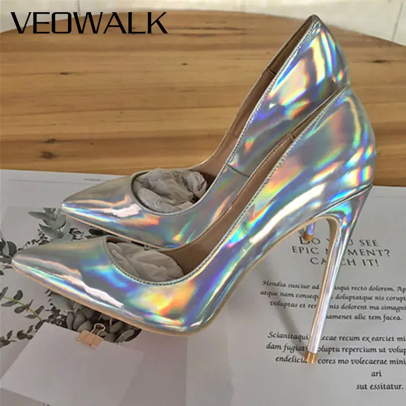 

Veowalk Laser Silver Shiny Metallic Glitter Party Wedding Prom Pumps Slim High Heel Women‘s Stylish Formal Evening Dress Shoes