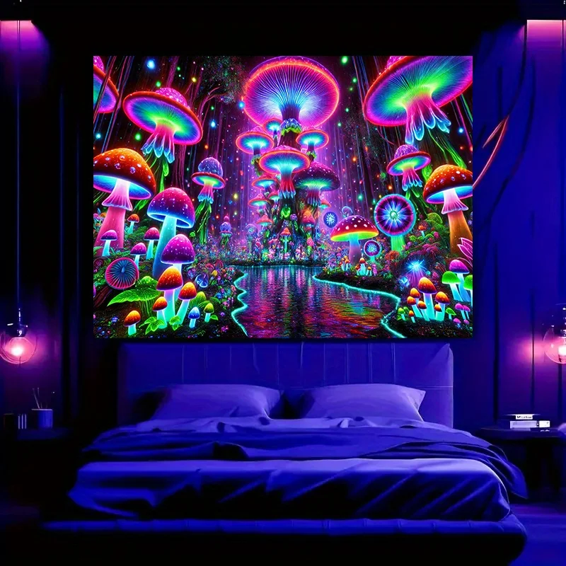VIKAMA Glowing Mushroom Forest Tapestry Neon Rainbow Fungus Wall Hanging Trippy Fantasy Backdrop Gaming Room Wall Decor