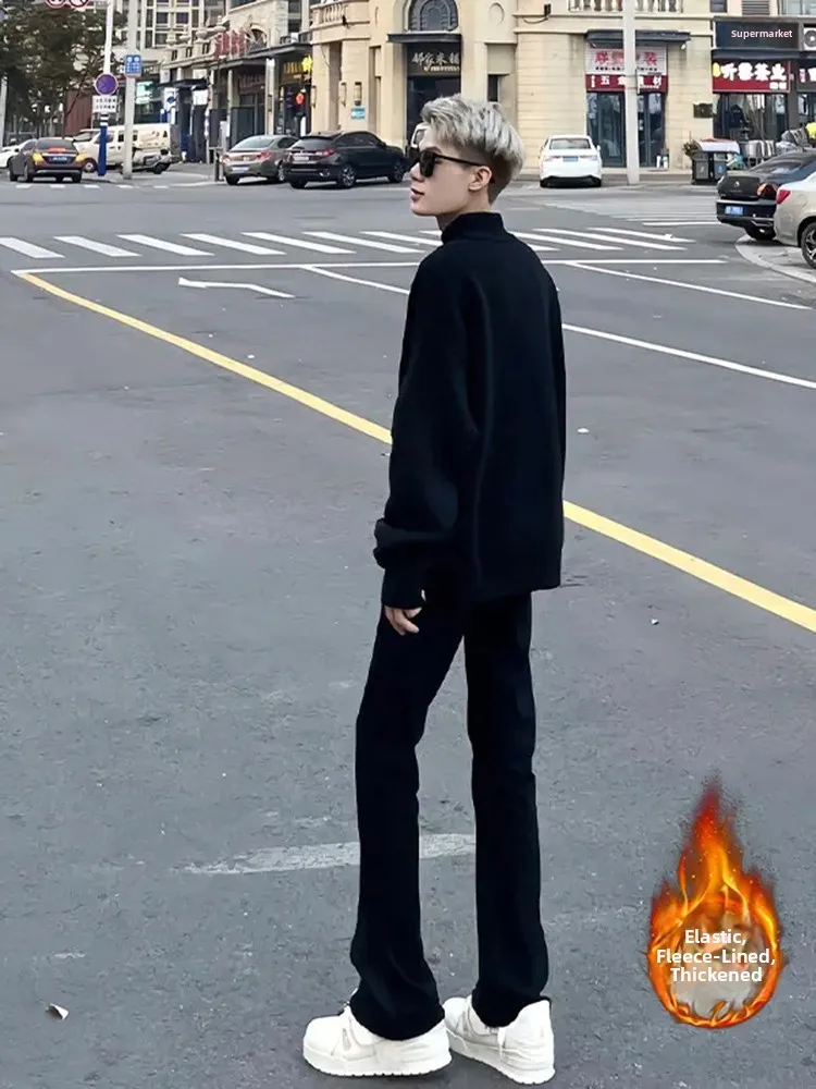 

American Sle Men's Slim Fit Jeans High Street Vibe Autumn Winter Tall Straight Tube Couple's Fce Lined Bootcut Jeans