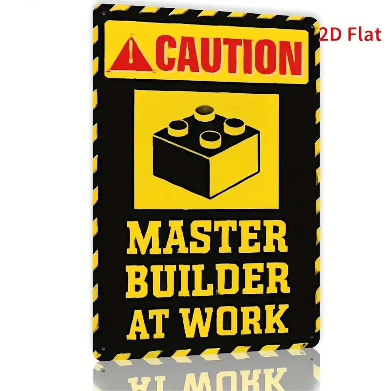 Vintage Industrial Metal Wall Art Sign - Building Block-Inspired Master Builder At Work Design with Caution Graphic,