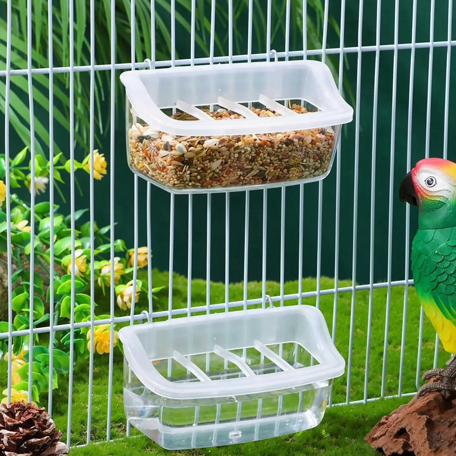 Vogelkäfig-Futterspender, auslaufsicherer Käfig-Vogelfutterspender mit Haken, transparenter Futterbehälter, Käfig-Papageienfutterschale, Wasserschale – Detail 1