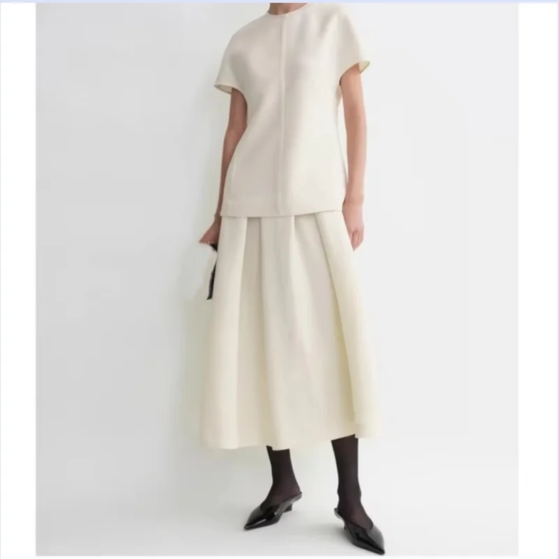 

25 year new solid color simple acetic acid top+pleated wool A-line skirt set