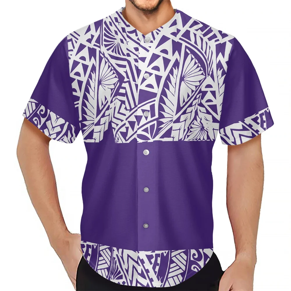 Men Designer Shirt 2022 Polynesian Tribal Clothing Samoa Jersey Purple Fiji Masi Tapa Print Short Sleeve Adult Breathable Button