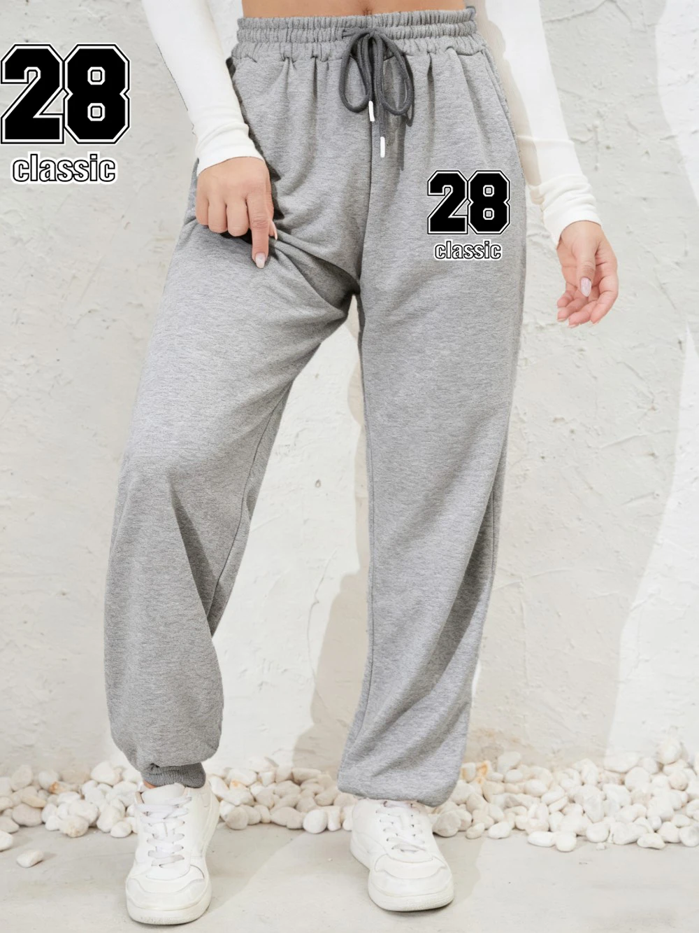 Number 28 Classic Prints Sweatpants Womens Autumn Winter Pants Fleece Warm Elastic Waist Pocket Trousers Casual Womans Clothes