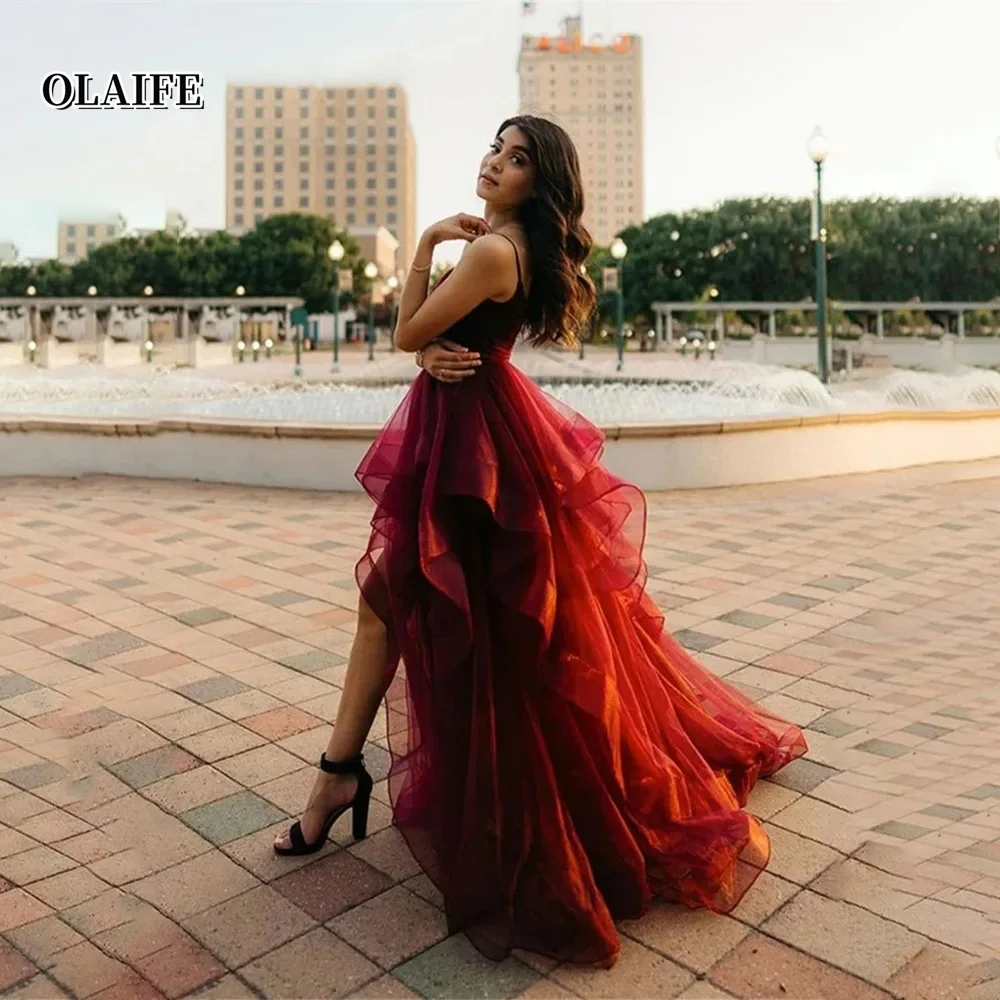 

Burgundy Evening Dress Hi-lo Spaghetti Straps Ruffles Boho Party Dresses Elegant And Pretty Women's Dress Vestidos De Fiesta