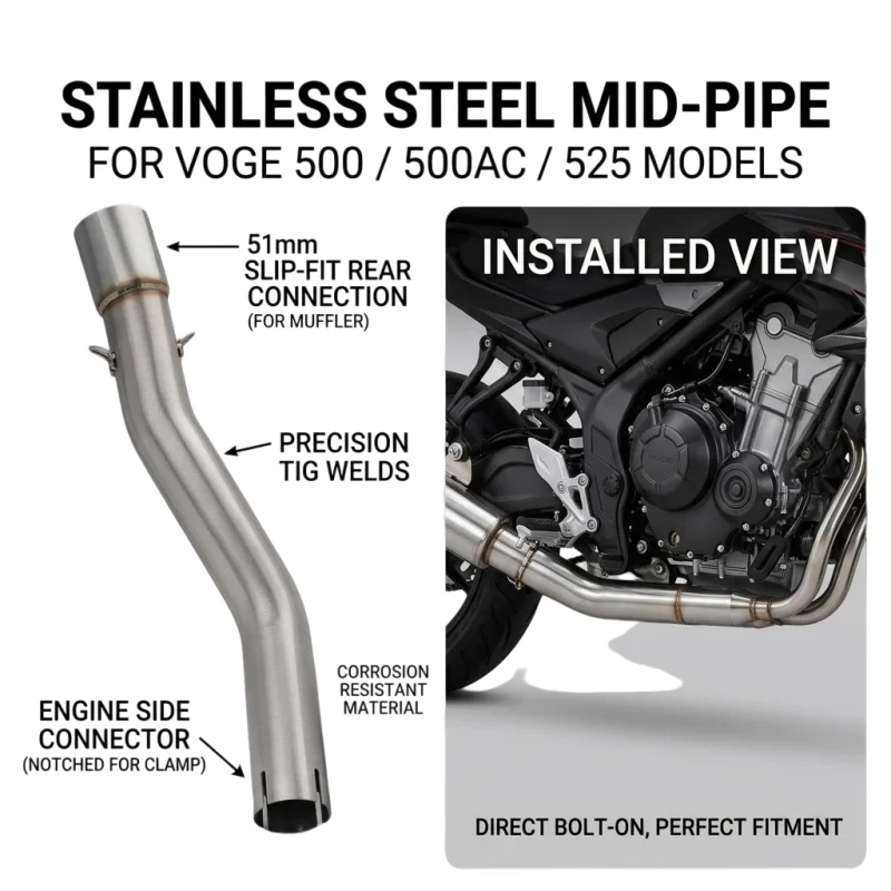 51mm Stainless Steel Motorcycle Exhaust Mid Link Pipe, Slip‑On Muffler Connect Adapter Pipe for VOGE 500 500AC 525 Modified Stra
