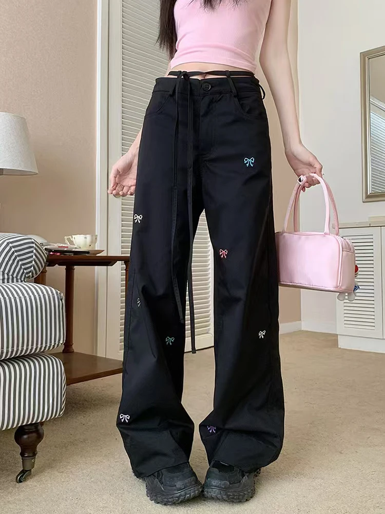 Black Bow Embroidery Cargo Pants Women Y2K Harajuku Streetwear Loose Wide Leg Pants Autumn Korean High Waist Straight Trousers